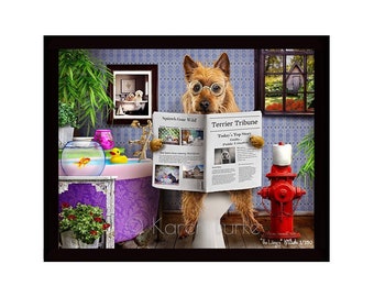 THE LIBRARY, Karen Burke, Australian Terrier, AKC, limited edition, funny, glossy metal print, wood frame, dog on toilet, custom request