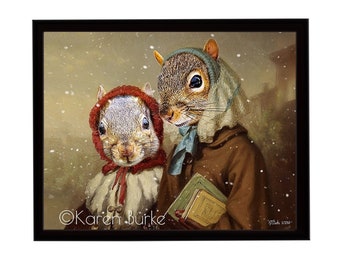 SQUIRREL GIRLS, Karen Burke,  George Augustus Baker, School Girls parody, Framed glossy metal art print, Old Masters Parody, funny animals