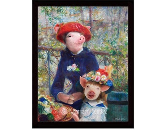 PETIT' PORK on the PATIO, Karen Burke, Renoir, Two Sisters on the Terrace, Framed glossy metal print, Parody art, Pig art, Old Masters