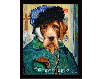 SELF SCRATCHED EAR, Karen Burke, Van Gogh self-portrait with bandaged ear, Vincent Van Gogh, framed glossy metal print, parody art, Doodle