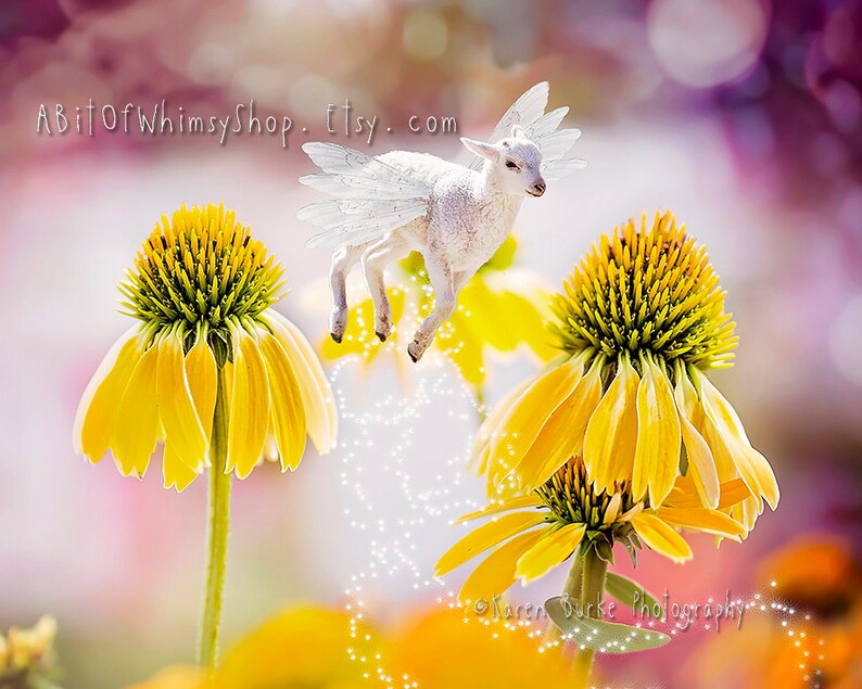 Baby Lamp Print Whimsical Lamb Flying Sheep Fantasy Art Nursery Decor Garden Fairy Spring Yellow Cone Flowers