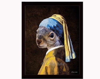 SQUIRREL with a PEARL EARRING, Karen Burke, Girl with a Pearl Earring, Johannes Vermeer, limited edition,  parody, framed glossy metal print