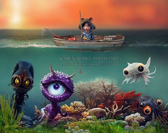 Gone Fishing, Adorable Mouse, Sea creatures, Sea Monsters, Funny, Fisherman Gift, Children's room, Wall Art, Photography Print, Fantasy Art