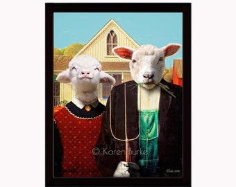 EWE-MERICAN GOTHIC, Karen Burke, American Gothic, Grant Wood, limited edition, parody art, funny,  framed glossy metal print, farm gift