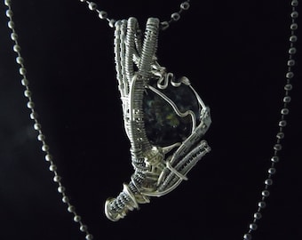 Blue Boro Glass Cabochon Wire Wrapped Pendant Necklace