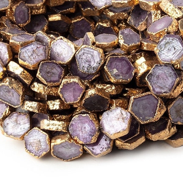 Purple Sapphire Natural Crystal Slice Beads, 7-9mm Purple Sapphire Coin Beads, Gold Leaf Purple Corundum, Purple Sapphire