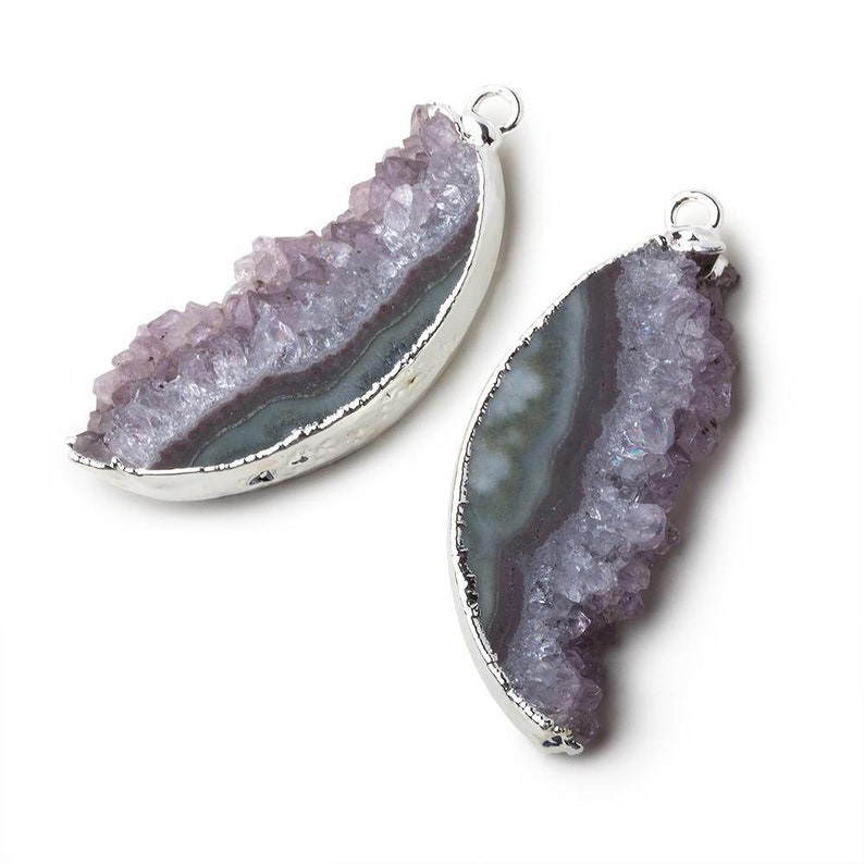 A Grade Silver-Leafed Half-Moon Amethyst Slice Pendant Pair, Raw Amethyst Pendant, Unique Best Friend Jewelry, Natural Amethyst, Purple Bead image 1