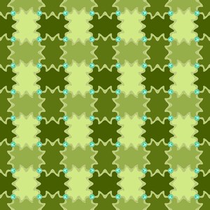 May include: A repeating pattern featuring a grid of alternating dark olive green and light lime green rectangular shapes. The shapes are separated by wavy, textured light-colored lines that intersect at small, bright turquoise circular accents.