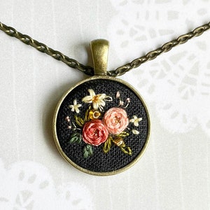 Pink Flowers on Black Embroidered Necklace / Hand-Stitched Embroidery Pendant / Floral Necklace / Repurposed / Handmade