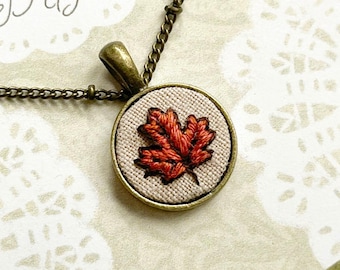 Mini Fall Leaf on Repurposed Tan / Hand Embroidered Necklace