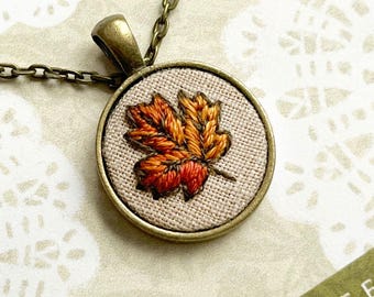 Fall Leaf on Repurposed Tan / Hand Embroidered Necklace