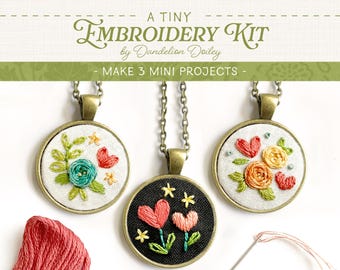 Little Heart Florals Embroidery Kit: DIY Necklace, Keychain, Magnet (25mm)