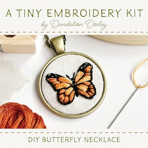 DIY Butterfly Kit / Embroidered Jewelry Kit / Monarch Butterfly / Learn to Embroider / Embroidered Necklace Kit / Tiny Embroidery Gift