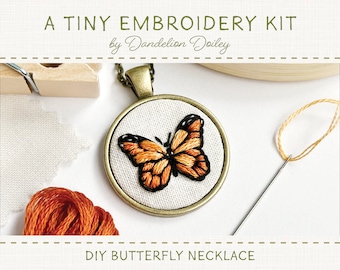 DIY Butterfly Kit / Embroidered Jewelry Kit / Monarch Butterfly / Learn to Embroider / Embroidered Necklace Kit / Tiny Embroidery Gift