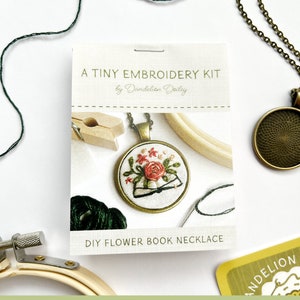DIY Flower Book Kit / Embroidered Jewelry Kit / Learn to Embroider / Embroidered Necklace Kit / Tiny Embroidery Gift / Cottagecore Craft image 3