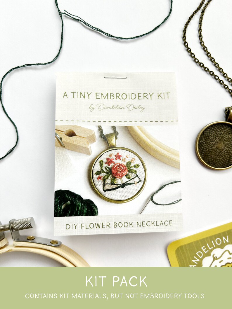 DIY Flower Book Kit / Embroidered Jewelry Kit / Learn to Embroider / Embroidered Necklace Kit / Tiny Embroidery Gift / Cottagecore Craft image 3