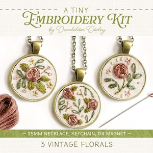 May include: A tiny embroidery kit with three vintage floral designs. The kit includes three 25mm round metal frames, embroidery floss, and a needle. The designs are perfect for making necklaces, keychains, or magnets.