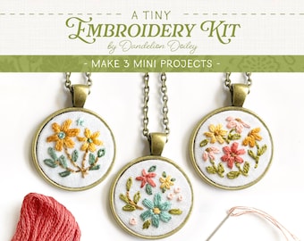 Daisy Florals Embroidery Kit: 3 DIY Necklace, Keychain, or Magnets.