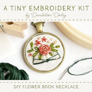 DIY Flower Book Kit / Embroidered Jewelry Kit / Learn to Embroider / Embroidered Necklace Kit / Tiny Embroidery Gift / Cottagecore Craft