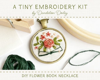 DIY Flower Book Kit / Embroidered Jewelry Kit / Learn to Embroider / Embroidered Necklace Kit / Tiny Embroidery Gift / Cottagecore Craft