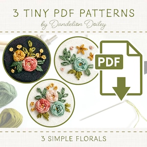 小さな刺繍のためのシンプルな花柄の PDF パターン 3 つ / DIY 刺繍ジュエリー / デジタル ダウンロード / 20 mm 25 mm 刺繍 / ビデオ チュートリアル