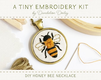 DIY Honey Bee Kit / Embroidered Jewelry Kit / Learn to Embroider / Embroidered Necklace Kit / Tiny Embroidery Gift / DIY Bee Lover Craft