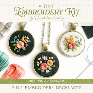 Necklace Embroidery Kit (25mm) / Beginner Friendly / Small DIY Jewelry Kit / Fiber Craft Kit / Floral DIY Project / Embroider a Gift