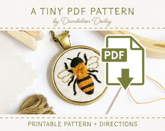 Honey Bee PDF Pattern for Tiny Embroidery / DIY Embroidered Jewelry / Digital Download / Embroidery Pattern / 20mm 25mm / Embroidery Gift