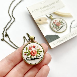 DIY Flower Book Kit / Embroidered Jewelry Kit / Learn to Embroider / Embroidered Necklace Kit / Tiny Embroidery Gift / Cottagecore Craft image 2