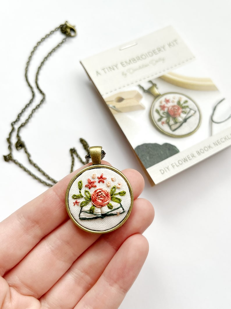 DIY Flower Book Kit / Embroidered Jewelry Kit / Learn to Embroider / Embroidered Necklace Kit / Tiny Embroidery Gift / Cottagecore Craft image 2