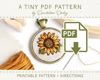 Sunflower PDF Pattern for Tiny Embroidery / DIY Embroidered Jewelry / Digital Download / Embroidery Pattern / 20mm 25mm / Embroidery Gift