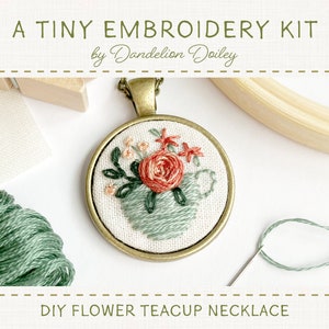 DIY Flower Teacup Kit / Embroidered Jewelry Kit / Learn to Embroider / Embroidered Necklace Kit / Tiny Embroidery Gift / Cottagecore Craft