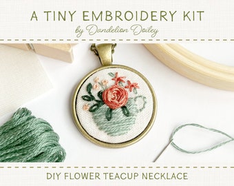 DIY Flower Teacup Kit / Embroidered Jewelry Kit / Learn to Embroider / Embroidered Necklace Kit / Tiny Embroidery Gift / Cottagecore Craft