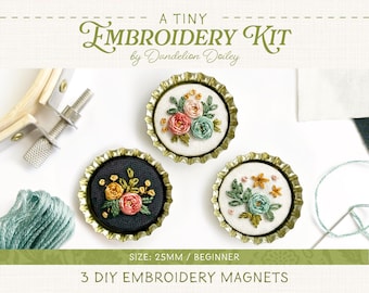 Floral Embroidery Bottle Cap Magnet Kit (25mm), DIY Craft Project