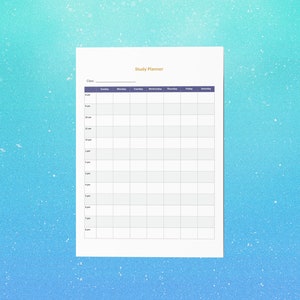 May include: A white Study Planner sheet with a grid layout for scheduling classes. The title "Study Planner" is in gold, and the days of the week are listed across the top in a purple bar. The background is a gradient of blue and teal.