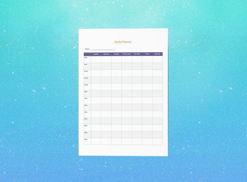 May include: A white Study Planner sheet with a grid layout for scheduling classes. The title "Study Planner" is in gold, and the days of the week are listed across the top in a purple bar. The background is a gradient of blue and teal.
