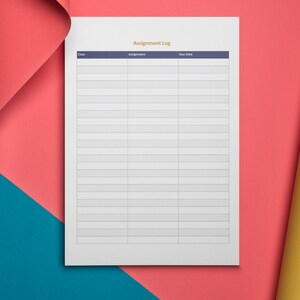 Może przedstawiać: Biała kartka papieru z tytułem "Assignment Log" wydrukowanym u g&oacute;ry. Papier jest podzielony na trzy kolumny oznaczone jako "Class", "Assignment" i "Due Date".