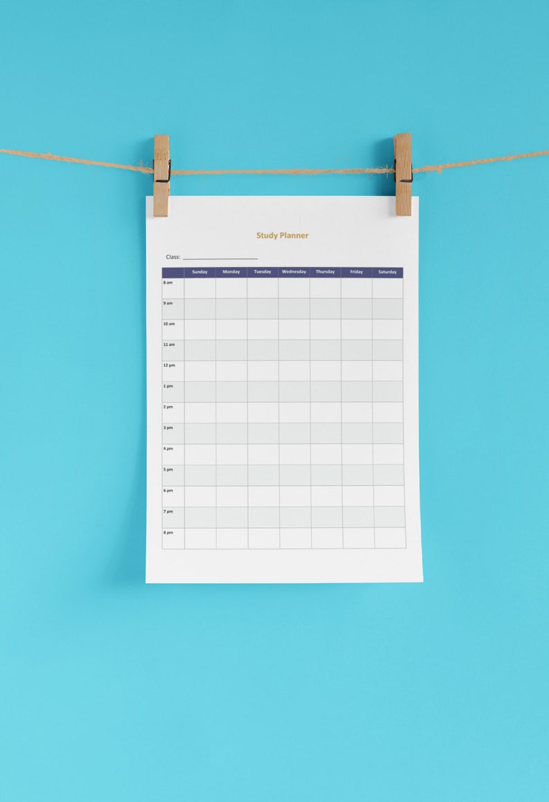 May include: A white study planner sheet with a grid layout, suspended by wooden pegs on a string against a light blue background. The planner includes the title "Study Planner" and a schedule grid for the week.