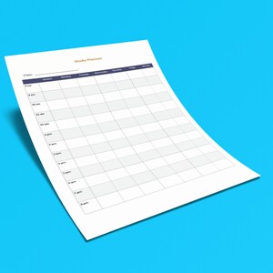May include: A white study planner sheet with a grid layout for scheduling classes and activities. The title "Study Planner" is in orange, and the days of the week are listed across the top. The sheet is on a bright blue background.