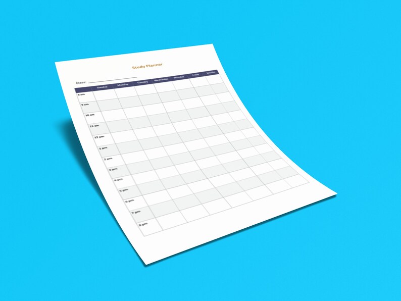 May include: A white study planner sheet with a grid layout for scheduling classes and activities. The title "Study Planner" is in orange, and the days of the week are listed across the top. The sheet is on a bright blue background.