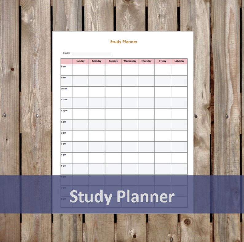 Op de afbeelding: Een zwart-witte printbare studieplanner met een roze koptekst en de tekst "Study Planner" bovenaan. De planner is verdeeld in dagen van de week en tijden van de dag.