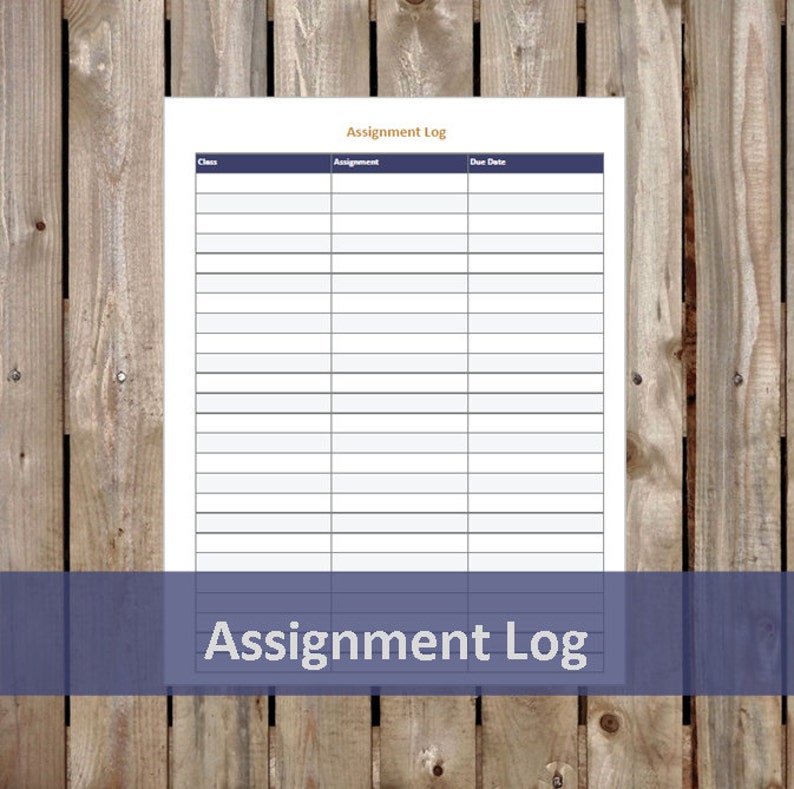Może przedstawiać: Drukowalny dziennik zadań z kolumnami dla klasy, zadania i terminu realizacji. Tytuł "Assignment Log" znajduje się na g&oacute;rze strony.