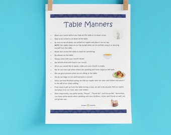 Paquete de modales en la mesa para niños / Juego de etiqueta en la cena / Tarjetas de modales, descarga instantánea imprimible en PDF - Revisión de etiqueta y modales en la mesa