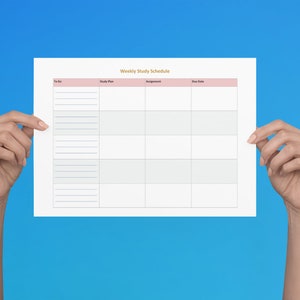 May include: A white weekly study schedule planner with the title "Weekly Study Schedule" in gold lettering. The planner has columns for "To Do", "Study Plan", "Assignment", and "Due Date".
