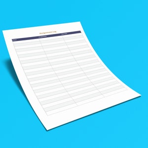 Może przedstawiać: Pusta biała kartka papieru z tytułem "Assignment Log" wydrukowanym na g&oacute;rze złotem. Papier jest podzielony na kolumny z nagł&oacute;wkami "Class", "Assignment" i "Due Date".