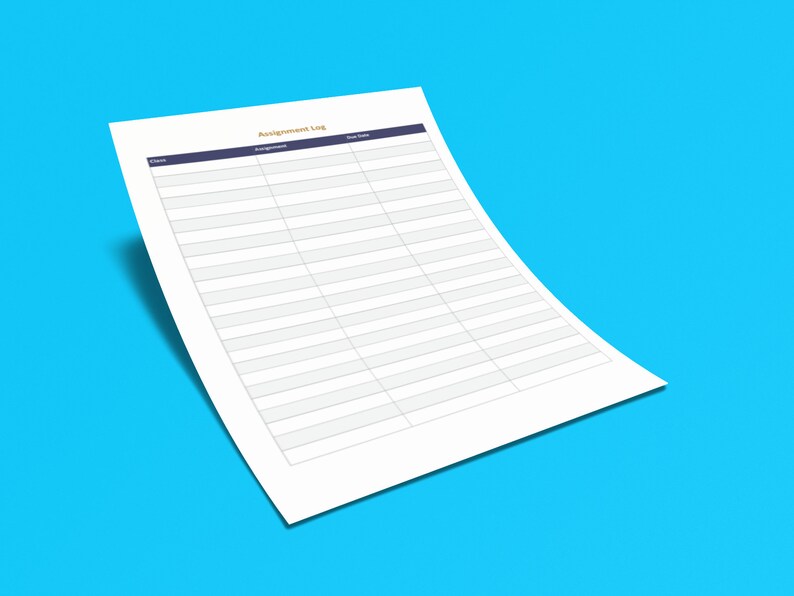 Może przedstawiać: Pusta biała kartka papieru z tytułem "Assignment Log" wydrukowanym na g&oacute;rze złotem. Papier jest podzielony na kolumny z nagł&oacute;wkami "Class", "Assignment" i "Due Date".
