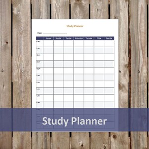 May include: A study planner with a grid layout for scheduling classes and activities. The planner includes sections for each day of the week and time slots from 8 am to 8 pm. The words "Study Planner" are at the top and bottom.