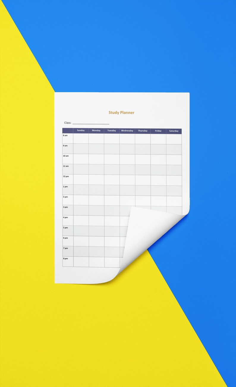 May include: A white study planner against a blue and yellow backdrop. The planner features a grid layout for scheduling, with the title "Study Planner". The corner of the page is curled, revealing the background.