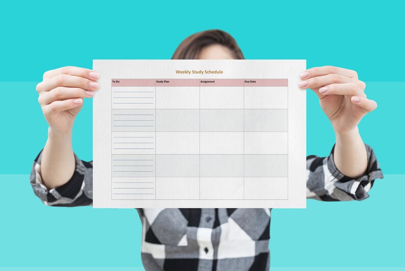 May include: A white weekly study schedule planner with the title "Weekly Study Schedule" in gold lettering. The planner has columns for "To Do", "Study Plan", "Assignment", and "Due Date".