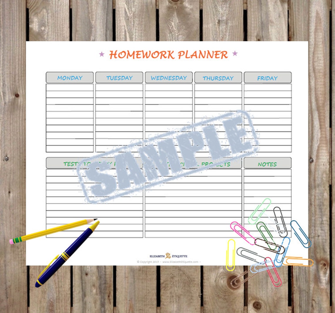 HOMEWORK PLANNER Printable PDF Printable Homework Planner Calendar ...